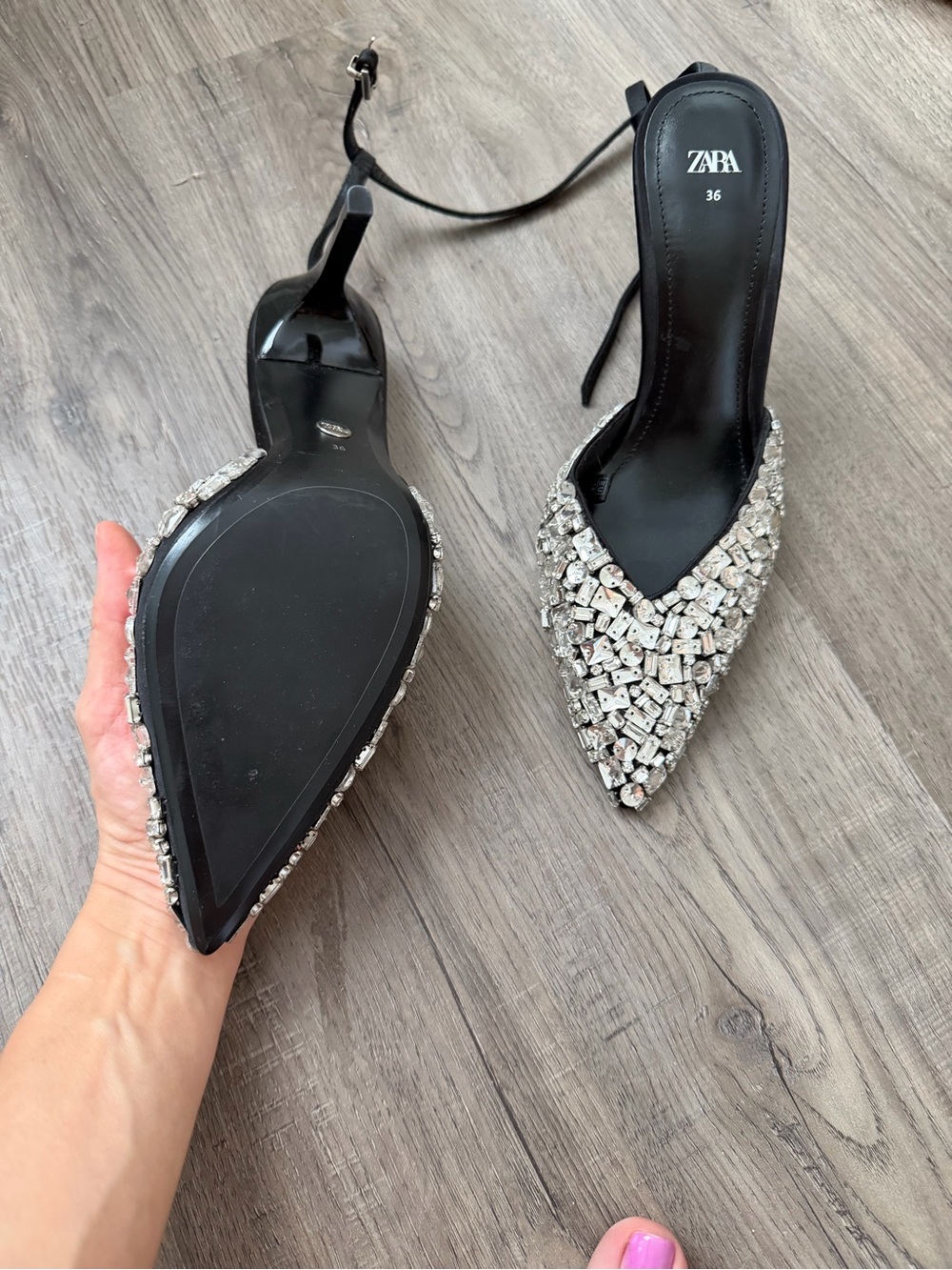 Zara Black Ankle-Strap Pointed Heels with Silver Crystal Embellishments - Picture 5 of 5